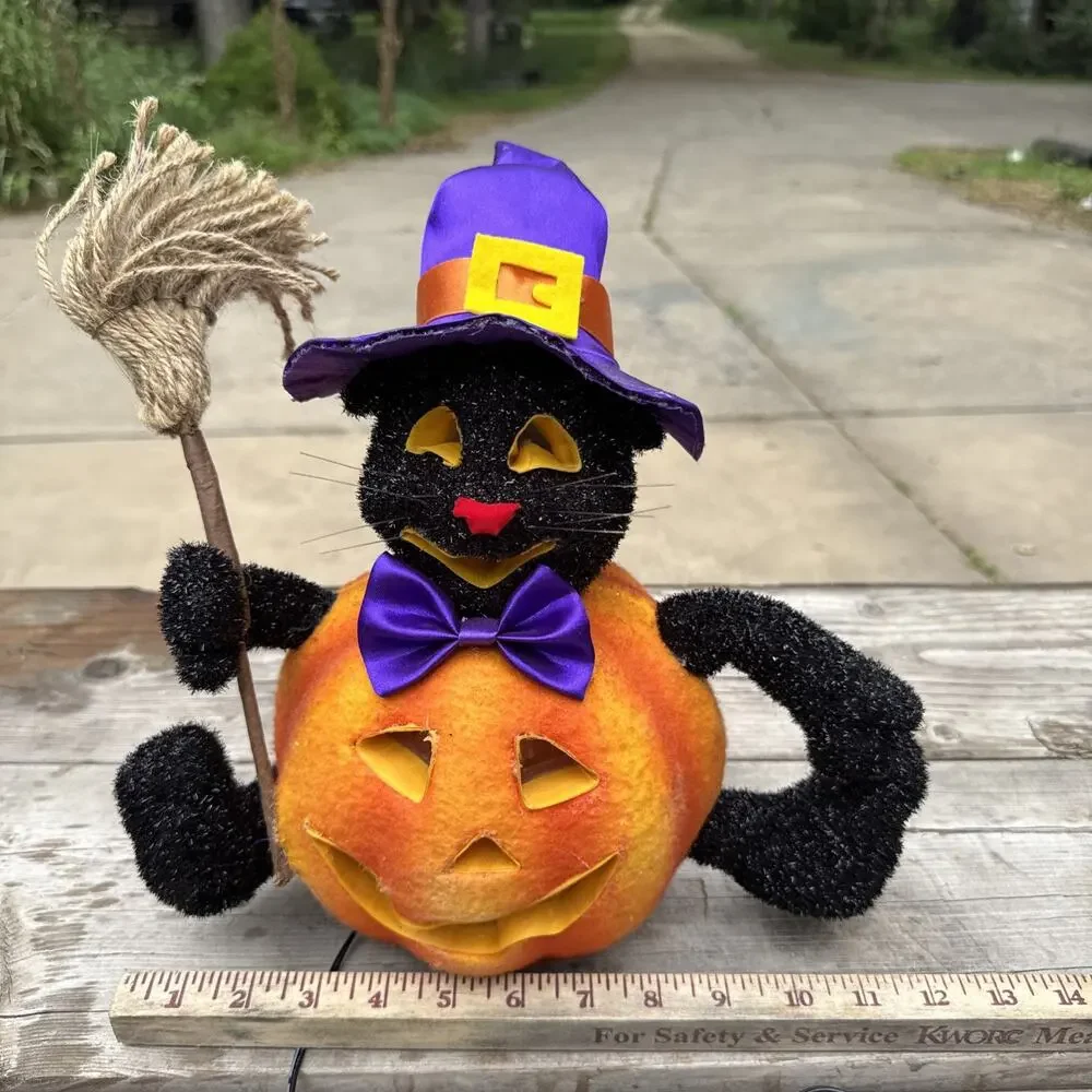 Vtg Fiber Optic Wizard Witch Black Cat Hat Jack ‘O Lantern Lighted 12” Halloween